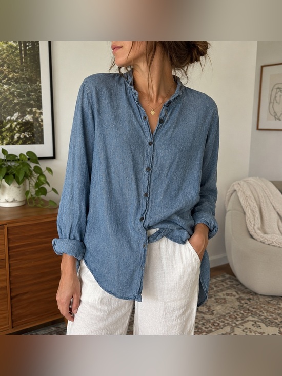 CP Shades Tops - CP Shades Blue Linen Cotton Button Up Shirt Oversized L
